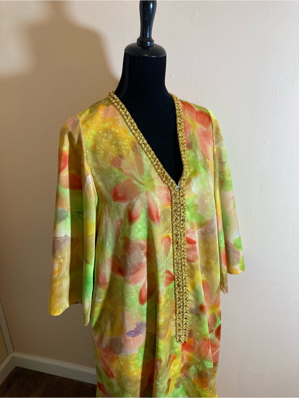 Vintage Yellow Floral Maxi Dress with Gold Beaded Trim